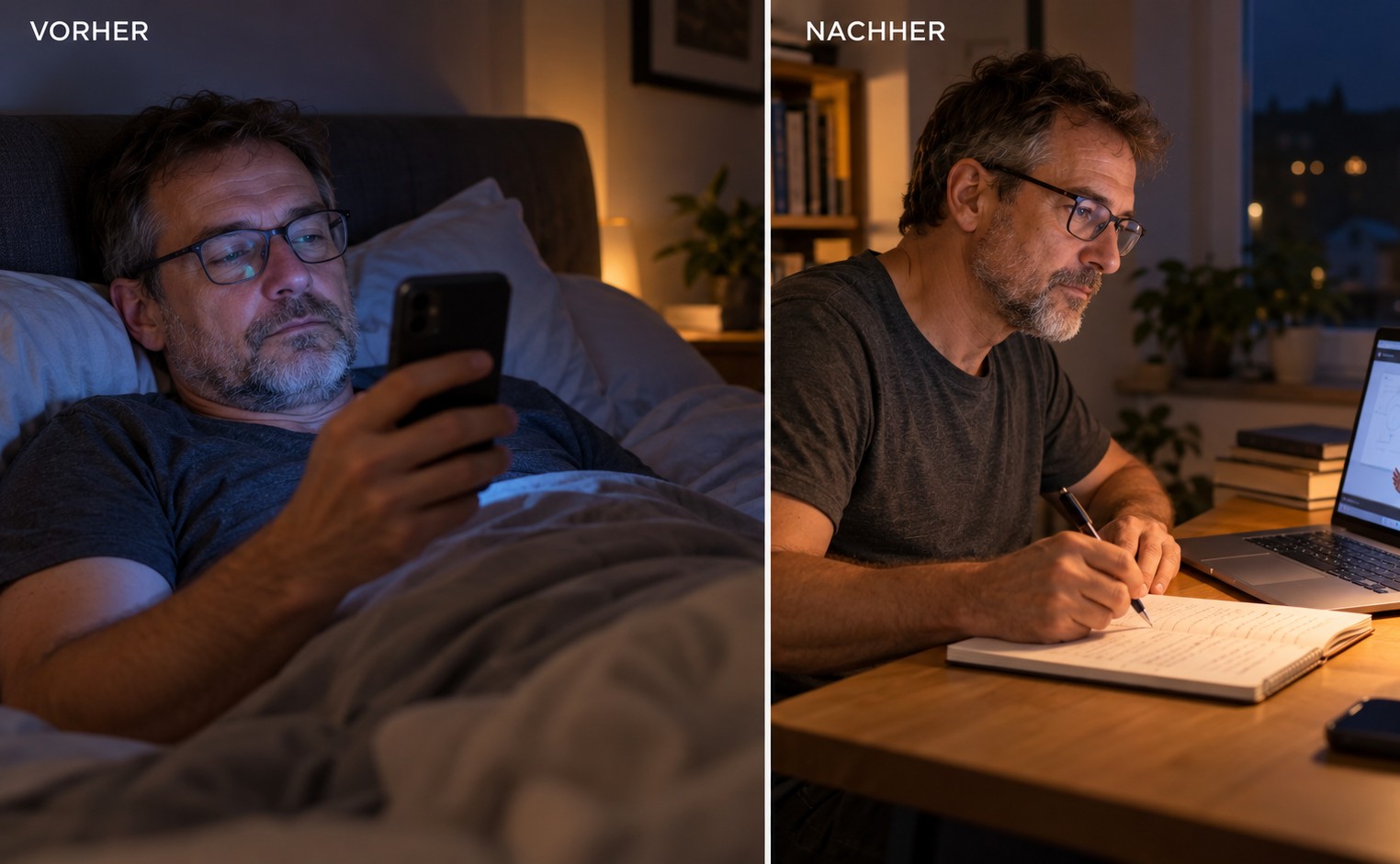 Vorher-Nachher-Vergleich: deutscher Mann Mitte 50 schaut nachts im Bett aufs Handy, und dieselbe Person lernt abends am Schreibtisch mit Laptop und Notizbuch