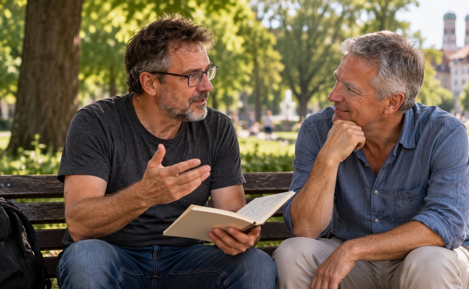 Jonas und Tobias, zwei deutsche Freunde Mitte 50, im Gespräch auf einer Parkbank